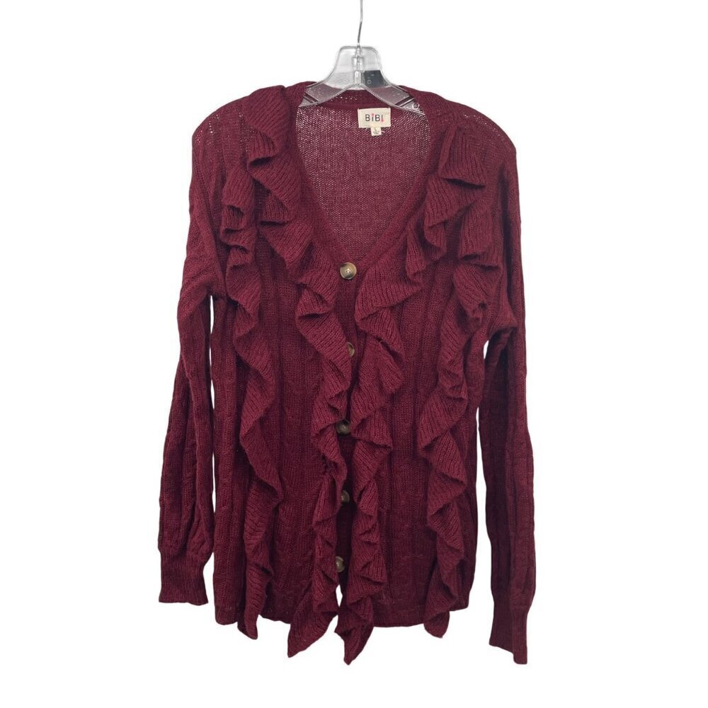 BiBi Women's Ruffle Button Up Cardigan Long Sleeve Maroon Large Lightweight